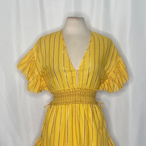 SAYLOR Yellow Metallic Striped Dress Fluttery Smocked Mini Gold Party Medium - Picture 4 of 13
